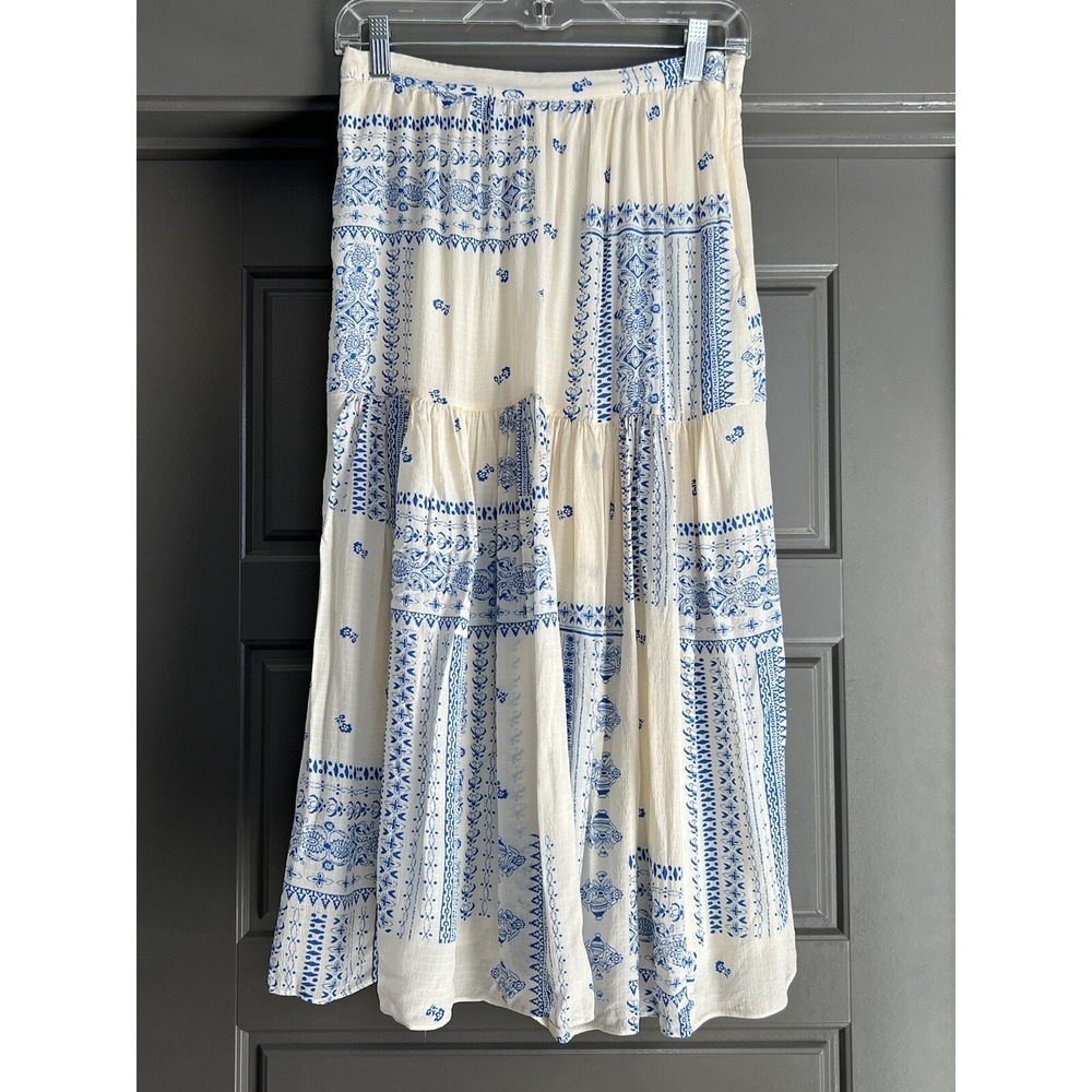 Ba&sh Skirt Women Small Londer Midi Ecru Blue Folklore Block Print Bash FLAWED - Picture 2 of 14